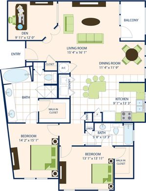 Two Bedroom Two Bath with Den (1544 SF)
