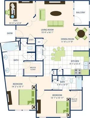 Two Bedroom Two Bath with Den (1551 SF)