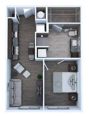 Chic 2D floor plan for Unit AE2 featuring a studio layout with a spacious open-concept living area, modern kitchen, cozy bedroom, and 1 bath, covering 580 sq. ft.