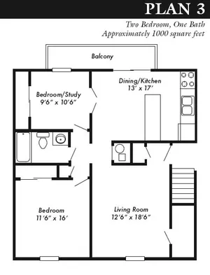 Plan 3 - 2 bed, 1 bath remodeled