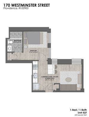 Elegant floor plan of 170 Westminster Street showcasing a 1-bedroom, 1-bath unit with a spacious combined living, kitchen, and dining area in Providence, RI. Cozy and modern at 423 square feet.