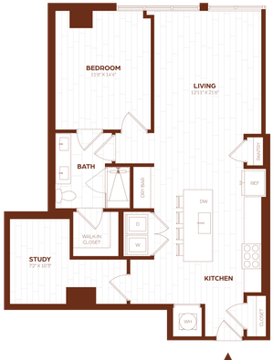 Modern 2D floor plan featuring 1 bedroom, a stylish living area, spacious kitchen, study, and dry bar.