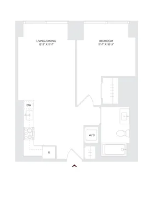 Elegant floor plan for Avira Residence 5 showcasing 1 bedroom and 1 bath with an open living/dining area, located on floors 24-27.
