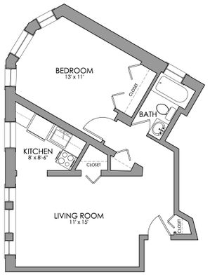 Charming floor plan featuring a spacious bedroom, modern kitchen, cozy living room, and a well-appointed bath.