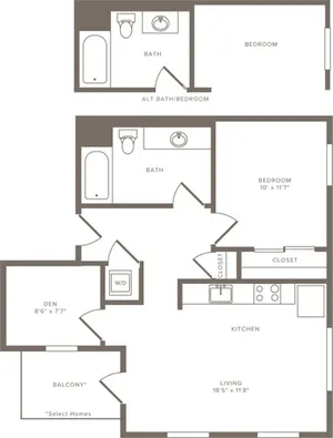 733 square foot two bedroom one bath floor plan image