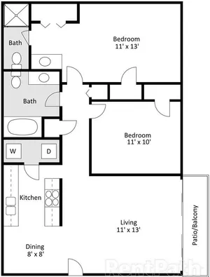 Floor plan of a two-bedroom, two-bath apartment featuring an entry into an open living/dining area at the bottom, a straight-line kitchen on the left with a dedicated washer/dryer connection closet beside it, a full bathroom with tub/shower adjacent to the kitchen, a hallway leading to two separate bedrooms at the top and right&mdash;each with its own closet&mdash;and a second full bathroom accessed from the bedroom hallway.