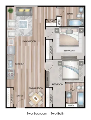 Modern floor plan showcasing two bedrooms, two baths, open living area, sleek kitchen, and cozy dining room.