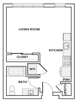 487 to 490 square foot studio one bath apartment floor plan image in Redmond, WA