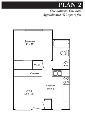 1 Bed 1 Bath with electric paid Plan 2