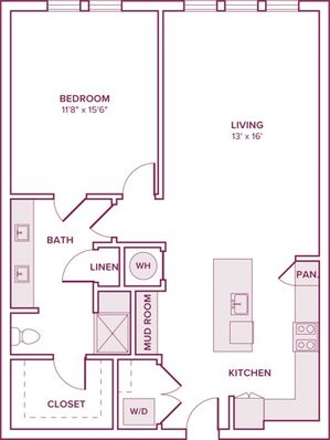877 square foot one bedroom one bath apartment floor plan in Houston, TX