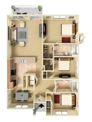 Contemporary apartment floor plan featuring 3 spacious bedrooms, an inviting living room with a balcony, and a modern open kitchen design.