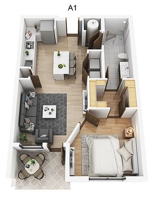 Chic floor plan showcasing a cozy one-bedroom layout with an inviting open kitchen and living area, stylish bathroom, and intimate balcony space.