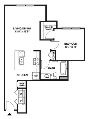 Elegant apartment floor plan with a spacious living/dining area, modern kitchen, cozy bedroom with walk-in closet, and convenient bath.
