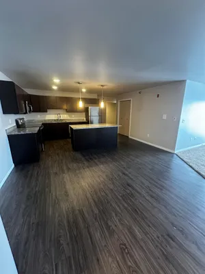 Modern kitchen with sleek dark cabinets, granite countertops, and pendant lighting on rich wooden flooring.