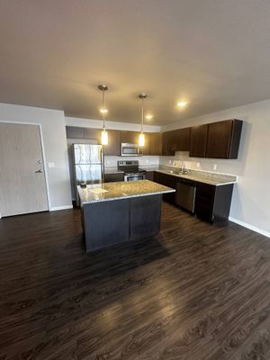Modern kitchen with sleek dark wood cabinets, granite countertops, and stainless steel appliances highlighted by pendant lighting.