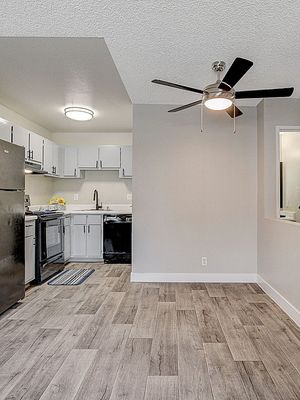 Sleek modern kitchen with black appliances and open floor space, featuring light wood flooring and a ceiling fan.