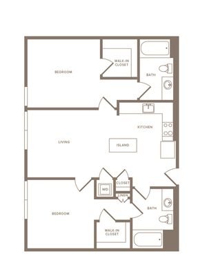 989 square foot two bedroom two bath floor plan image