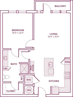 684 square foot one bedroom one bath apartment floor plan in Houston, TX