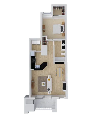Modern 3D floor plan showcasing a spacious layout with one bedroom, open living area, sleek kitchen, and cozy balcony.