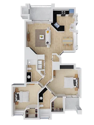 Modern 3D floor plan showcasing 2 cozy bedrooms, a stylish open-concept living area, and a functional kitchen.
