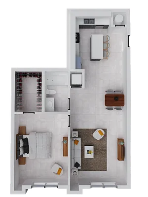 Modern apartment floor plan featuring one spacious bedroom, stylish open-concept living area, sleek kitchen with island, and elegant bathroom.