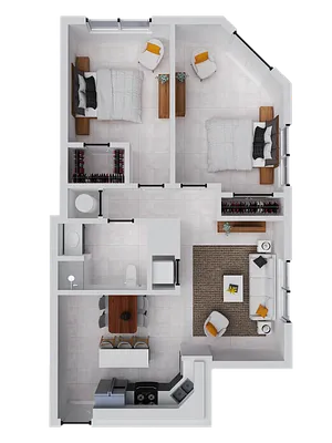 Modern 2D floor plan with 2 cozy bedrooms, spacious open living area, and a streamlined kitchen design.