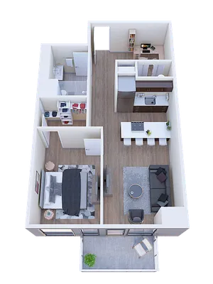 Sleek 3D floor plan showcasing a modern 1-bedroom apartment with an open-concept living area, stylish kitchen, and a cozy balcony.