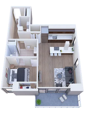 Modern open-concept 3D floor plan showcasing a cozy bedroom, sleek kitchen with breakfast bar, spacious living area, and private balcony.