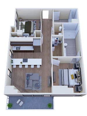 Modern 3D floor plan showcasing 2 bedrooms, a sleek open-concept kitchen, cozy living area, and spacious balcony.