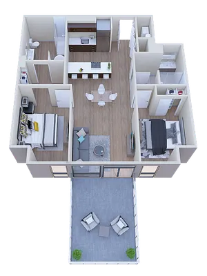 Modern 3D floor plan displaying two bedrooms, open kitchen with island, cozy living room, and expansive balcony.