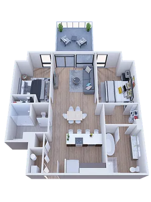 Modern 3D floor plan showcasing 2 elegant bedrooms, spacious open-concept living space, and a stylish kitchen with a breakfast bar, complemented by a cozy outdoor patio.