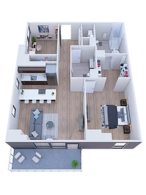 Modern 3D floor plan showcasing a spacious open-concept living and kitchen area, cozy bedroom, stylish bathroom, and inviting balcony.