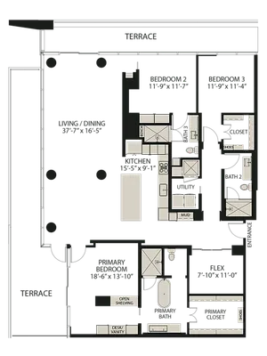 Penthouse floor plan with a spacious terrace, three bedrooms, open living area, and kitchen.