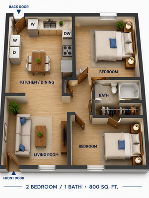Inviting 2D floor plan showcasing a cozy 2-bedroom, 1-bath layout with a stylish kitchen/dining area and comfortable living room, spread across 800 sq. ft.