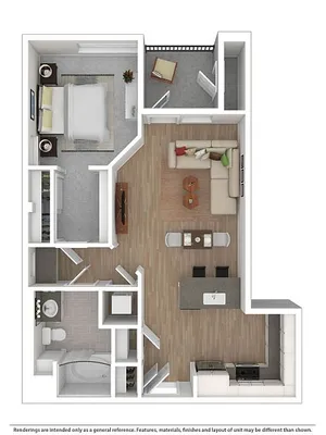 Modern 3D floor plan showcasing a spacious one-bedroom apartment with an open-concept kitchen and living area, stylish bathroom, and a cozy balcony.