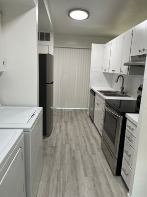 Contemporary kitchen with sleek stainless-steel appliances, modern cabinetry, and elegant wood flooring, perfect for culinary enthusiasts.