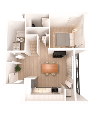 Chic 1-bedroom apartment floor plan featuring an open-concept kitchen, cozy dining area, and modern bathroom.