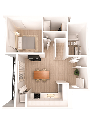 Modern 3D floor plan featuring a cozy one-bedroom apartment with an open-concept kitchen and dining area, inviting living space, and a well-designed bathroom.