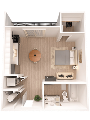 Contemporary studio apartment floor plan showcasing an open layout with a cozy bedroom, modern kitchen, and stylish living area.