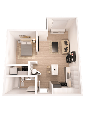 Modern 3D floor plan showcasing a cozy one-bedroom apartment with an open-concept living and kitchen area, featuring sleek furnishings and contemporary design.