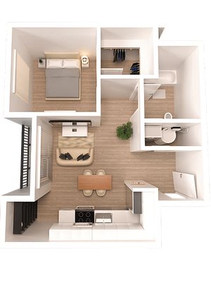 Chic 3D floor plan of a modern apartment featuring a cozy bedroom, stylish bathroom, and open-plan kitchen-living area with elegant furnishings.