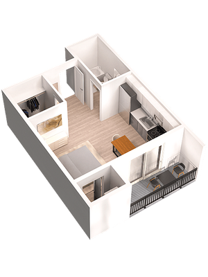 Modern 3D floor plan showcasing a cozy one-bedroom apartment with a sleek kitchen, stylish living area, and a balcony for outdoor relaxation.