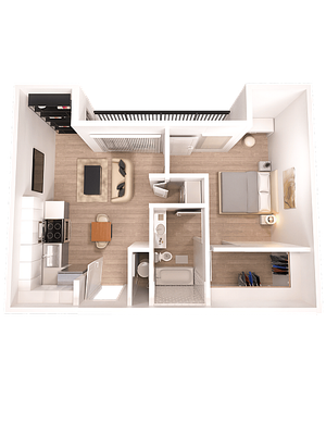 Modern 3D floor plan displaying a cozy 1-bedroom apartment with an open kitchen-living area and a well-designed bathroom.