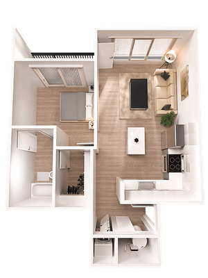 Elegant 3D floor plan showcasing a modern one-bedroom apartment with an open-concept living area and spacious kitchen.