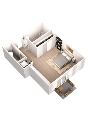Elegant 3D floor plan showcasing a cozy bedroom, modern bathroom, and stylish open-concept living area with private balcony.