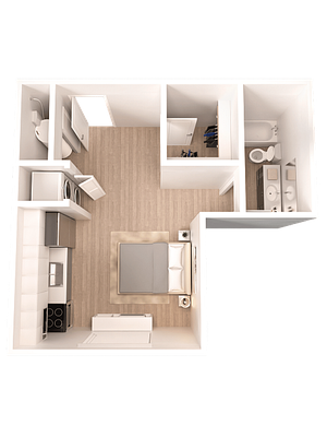 Chic L-shaped floor plan featuring a cozy bedroom, modern kitchen, convenient laundry space, and elegant bathroom with a double sink.