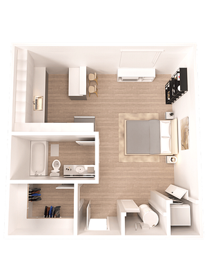 Modern studio floor plan featuring a cozy bedroom area, functional kitchen, and stylish bathroom with ample closet space.