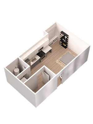 Modern 3D floor plan showcasing a compact studio layout with an open kitchen, cozy bedroom, and sleek bathroom.