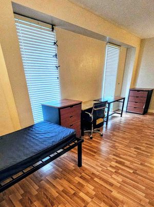 Modern bedroom with wooden flooring, twin desks with chairs, and sleek storage drawers under bright natural light from tall windows.