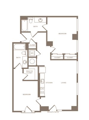 1041 to 1051 square foot two bedroom two bath apartment floorplan image